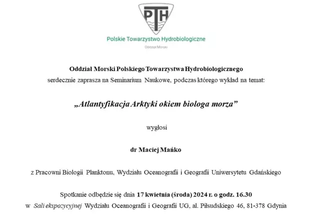 Zaproszenie na Seminarium Naukowe „Atlantyfikacja Arktyki okiem biologa morza”